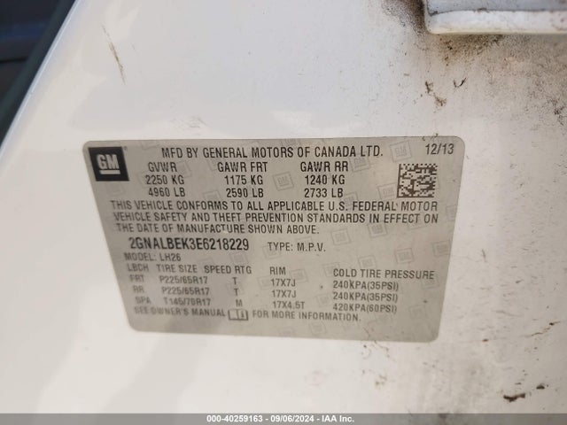 Chevrolet EQUINOX 1LT 2014 2GNALBEK3E6218229 Image 9