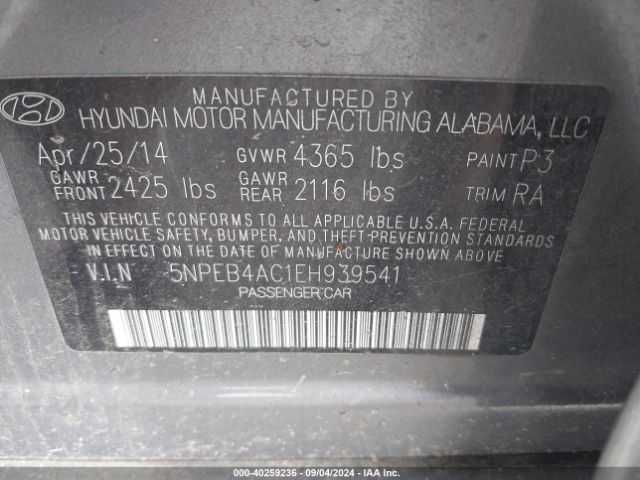5NPEB4AC1EH939541 Hyundai SONATA GLS