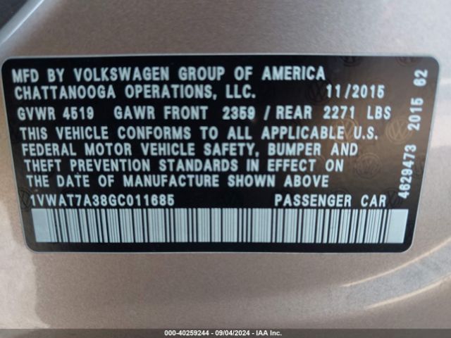 1VWAT7A38GC011685 Volkswagen Passat 1.8t S