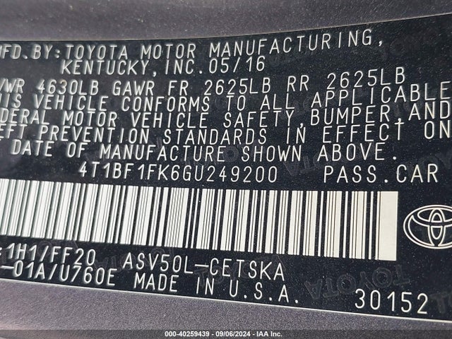 Toyota CAMRY SE 2016 4T1BF1FK6GU249200 Image 9