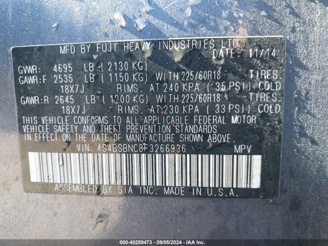Subaru Outback 2.5i Limited 2015 4S4BSBNC8F3266936 Image 9