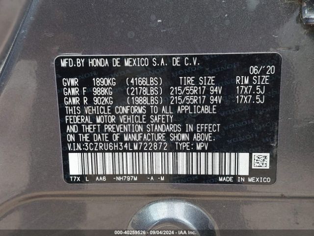 3CZRU6H34LM722872 Honda Hr-v Awd Lx