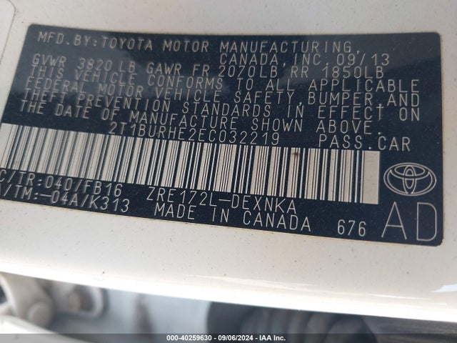 Toyota Corolla Le Plus 2014 2T1BURHE2EC032219 Image 9