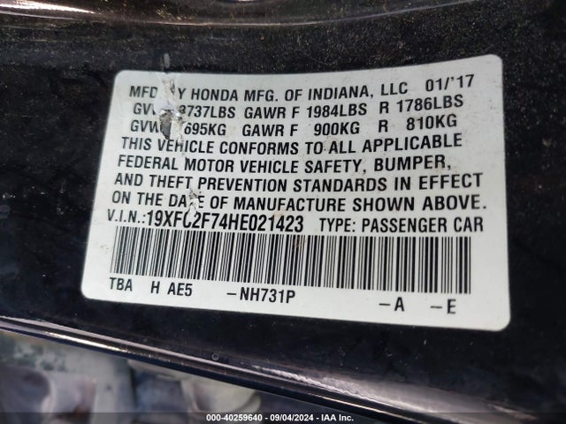 Honda CIVIC EX 2017 19XFC2F74HE021423 Image 9