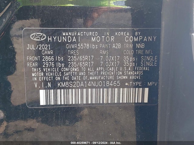 Hyundai Santa Fe Hybrid Blue 2022 KM8S2DA14NU018465 Image 9