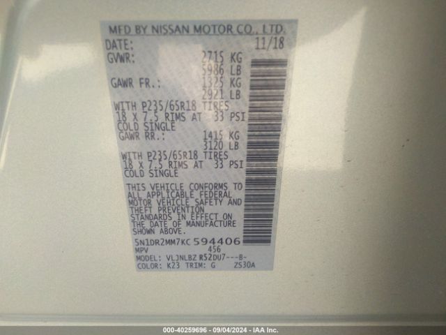 5N1DR2MM7KC594406 Nissan Pathfinder S