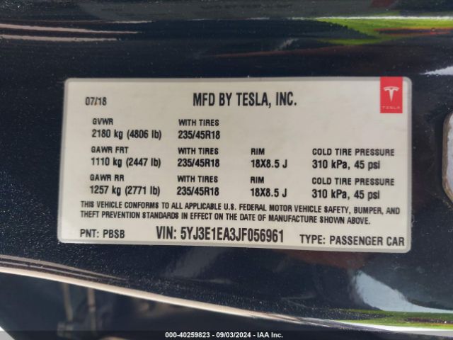 5YJ3E1EA3JF056961 Tesla Model 3 Long Range/mid Range