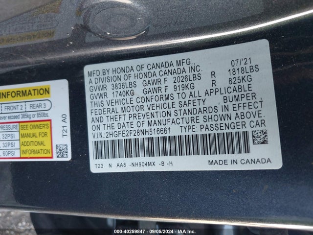 Honda Civic Lx 2022 2HGFE2F28NH516661 Image 9