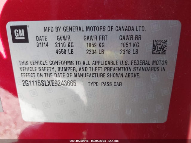 Chevrolet IMPALA 1LT 2014 2G1115SLXE9243665 Image 9