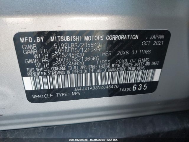 JA4J4TA88NZ046476 Mitsubishi Outlander Es 2.5 S-awc