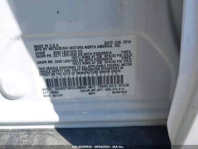 4A4AR3AU3EE032280 Mitsubishi Outlander Sport Es