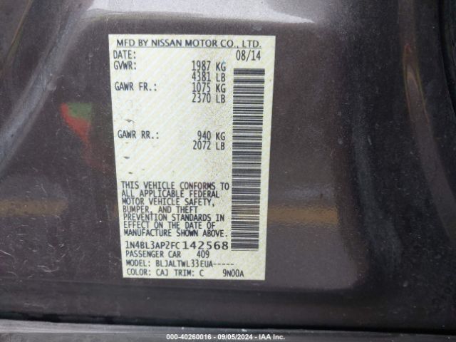 1N4BL3AP2FC142568 Nissan Altima 3.5 Sl