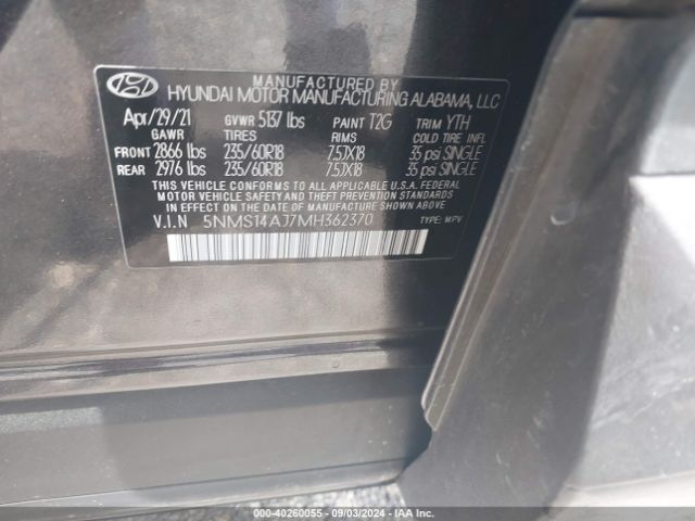 5NMS14AJ7MH362370 Hyundai Santa Fe Se