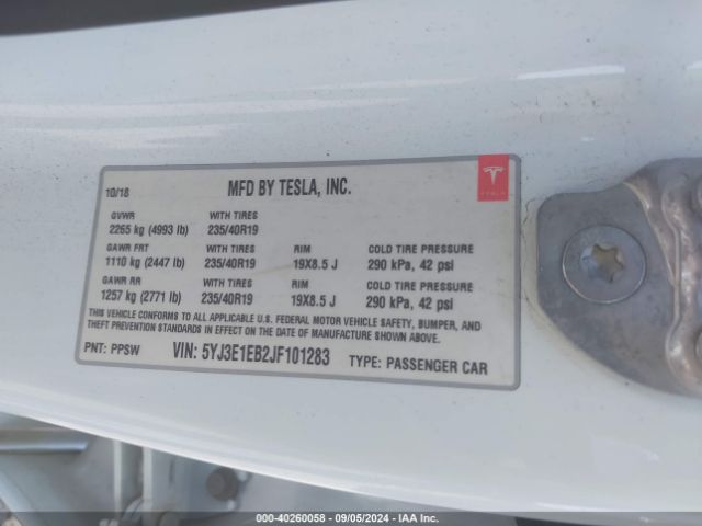 5YJ3E1EB2JF101283 Tesla Model 3 Long Range/performance