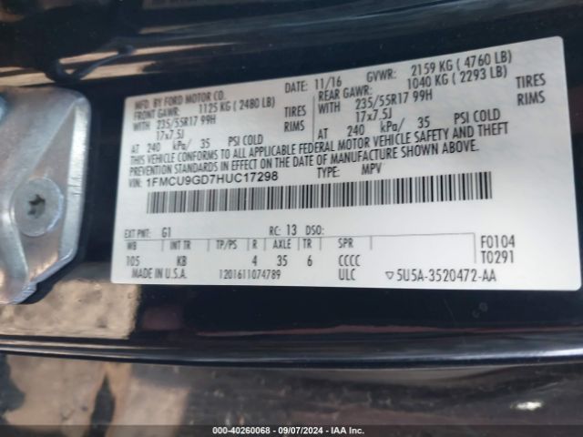 1FMCU9GD7HUC17298 Ford ESCAPE SE