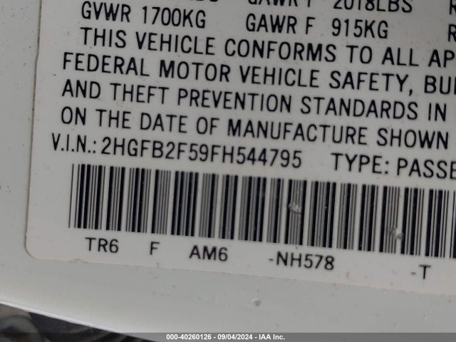 Honda Civic Lx 2015 2HGFB2F59FH544795 Image 9