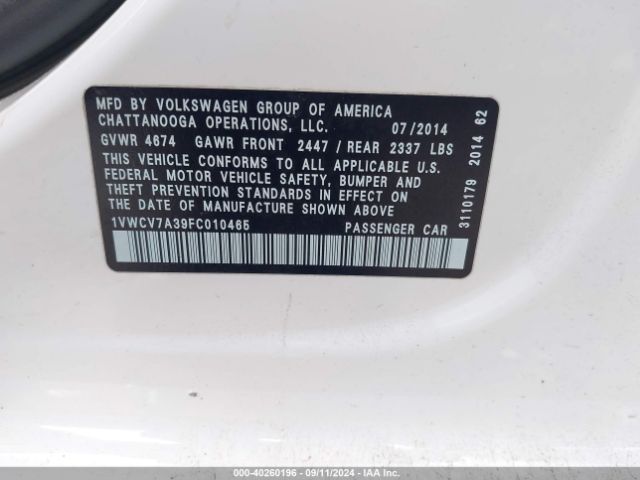 1VWCV7A39FC010465 Volkswagen Passat 2.0l Tdi Sel Premium