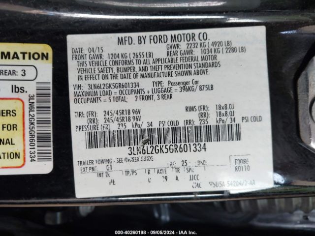 3LN6L2GK5GR601334 Lincoln MKZ