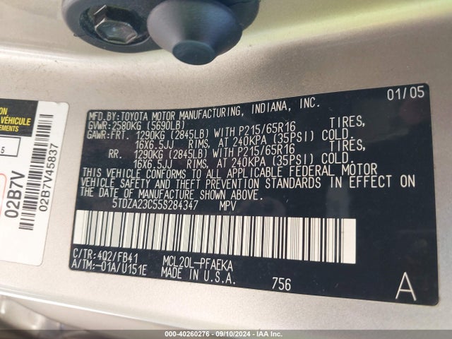 2005 Toyota Sienna Le მანქანა იყიდება აუქციონზე, vin: 5TDZA23C55S284347, აუქციონის ნომერი: 40260276