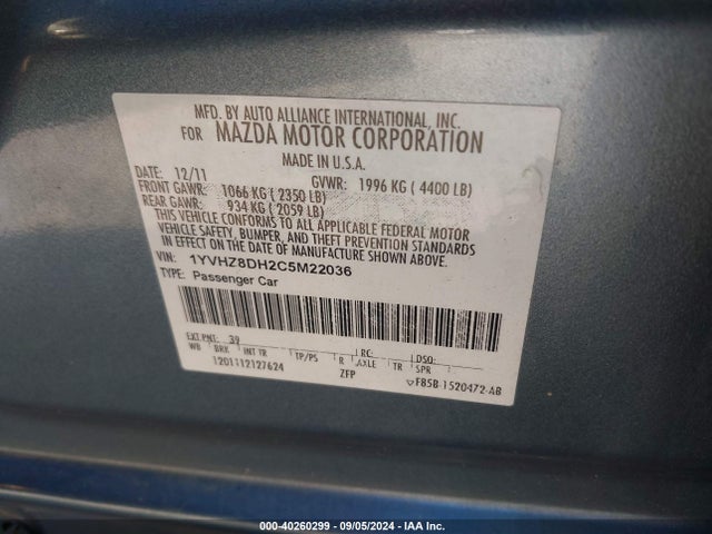 Aukcja sprzedaży 2012 Mazda Mazda6 I Touring, vin: 1YVHZ8DH2C5M22036, numer aukcji: 40260299