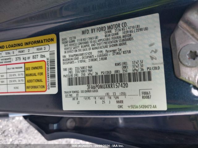 3FA6P0MUXKR157420 Ford Fusion Hybrid Sel