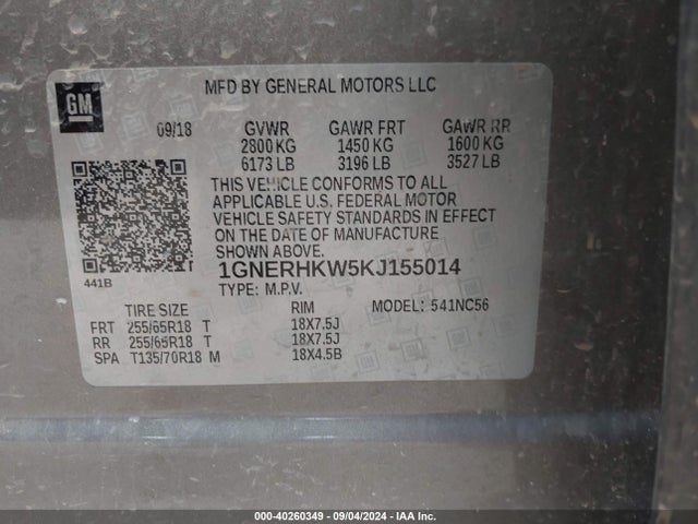 Chevrolet Traverse Lt Leather 2019 1GNERHKW5KJ155014 Image 9