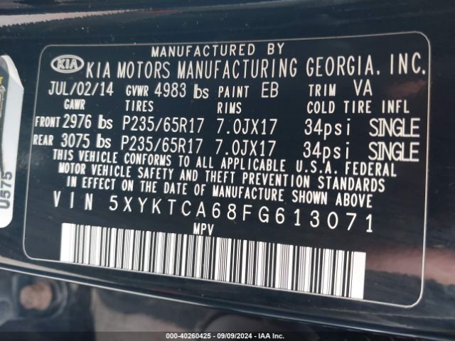 5XYKTCA68FG613071 KIA SORENTO LX