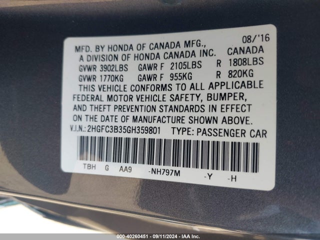 Honda Civic Ex-t 2016 2HGFC3B35GH359801 Image 9
