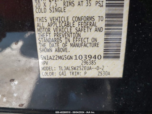 Nissan Murano Platinum 2016 5N1AZ2MG5GN103940 Image 9