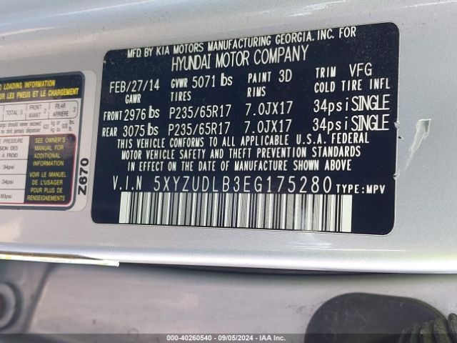 5XYZUDLB3EG175280 Hyundai Santa Fe Sport 2.4l