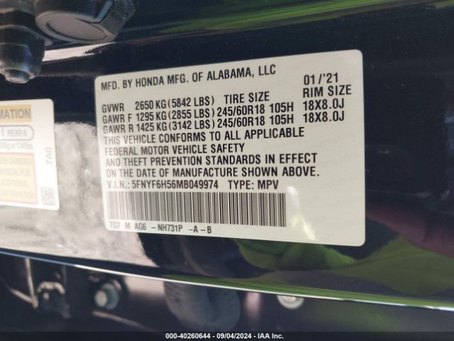 5FNYF6H56MB049974 Honda Pilot Awd Ex-l