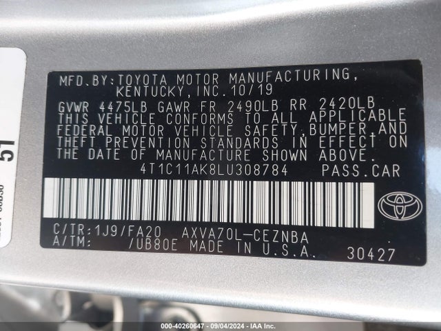 Toyota CAMRY LE 2020 4T1C11AK8LU308784 Image 9
