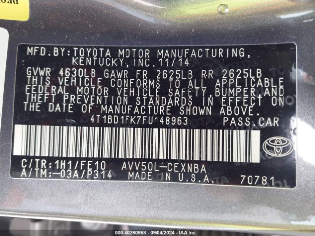4T1BD1FK7FU148963 Toyota Camry Hybrid Le