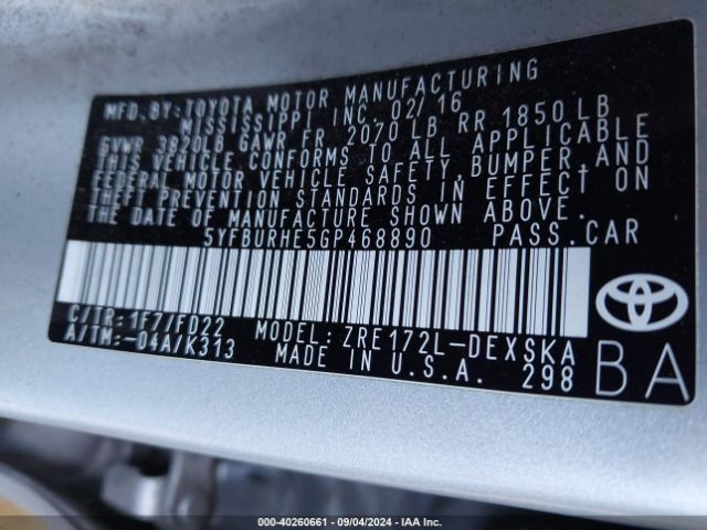 5YFBURHE5GP468890 Toyota Corolla S Plus