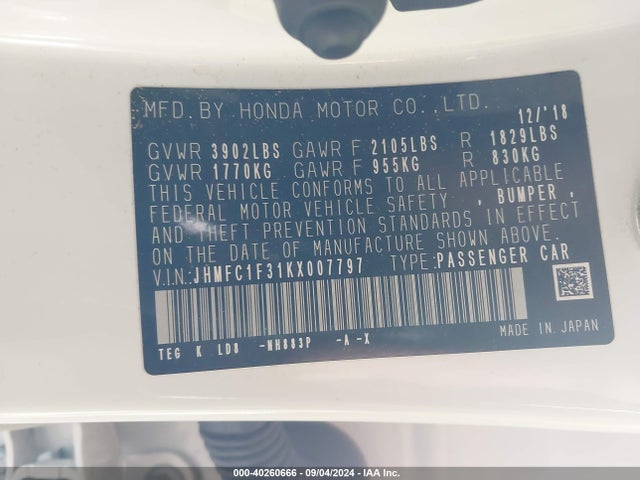 Honda CIVIC EX 2019 JHMFC1F31KX007797 Image 9