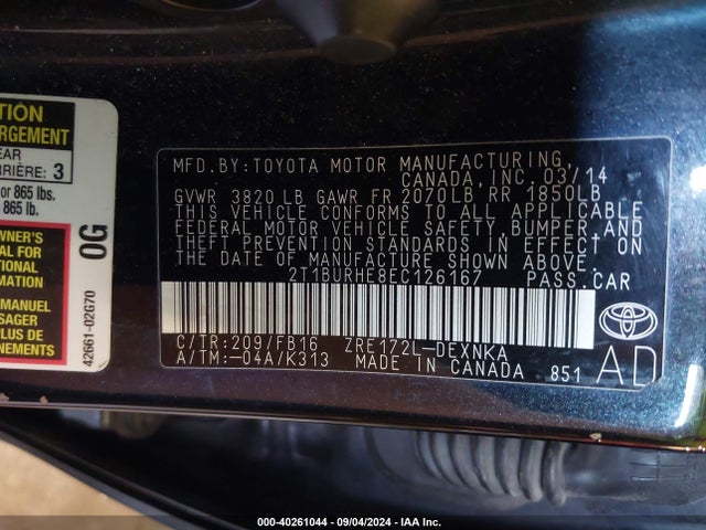 Toyota COROLLA LE 2014 2T1BURHE8EC126167 Image 9