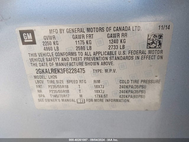 GMC Terrain Sle-2 2015 2GKALREK3F6228475 Image 9