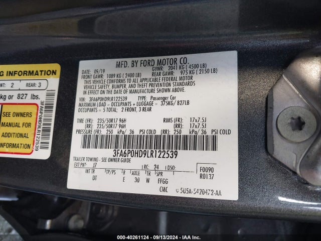 Ford FUSION SE 2020 3FA6P0HD9LR122539 Image 9