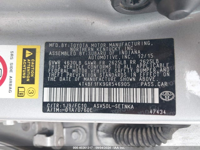 Toyota CAMRY LE 2016 4T4BF1FK9GR546905 Image 9