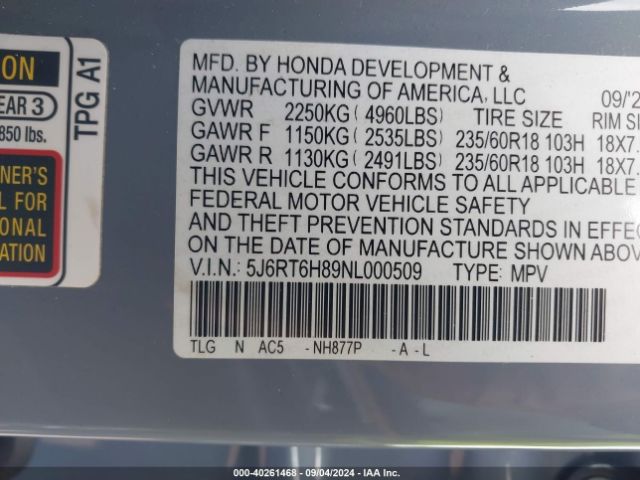 5J6RT6H89NL000509 Honda Cr-v Hybrid Ex-l