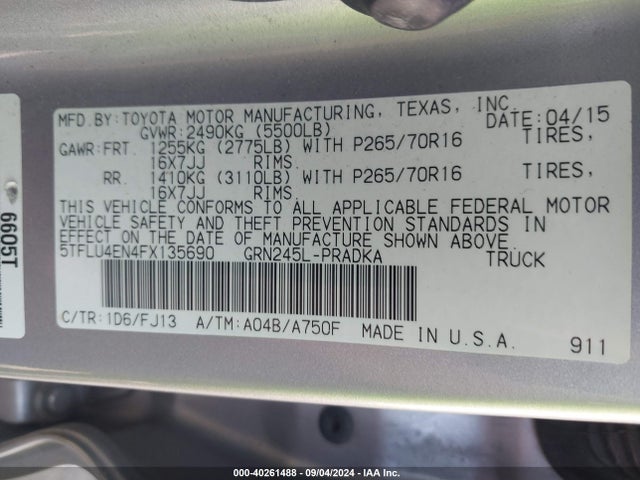 Toyota Tacoma Base V6 2015 5TFLU4EN4FX135690 Image 9