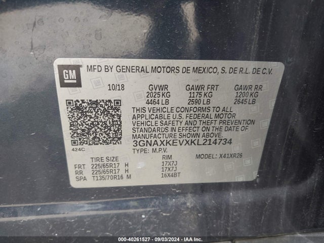 Chevrolet EQUINOX LT 2019 3GNAXKEVXKL214734 Image 9
