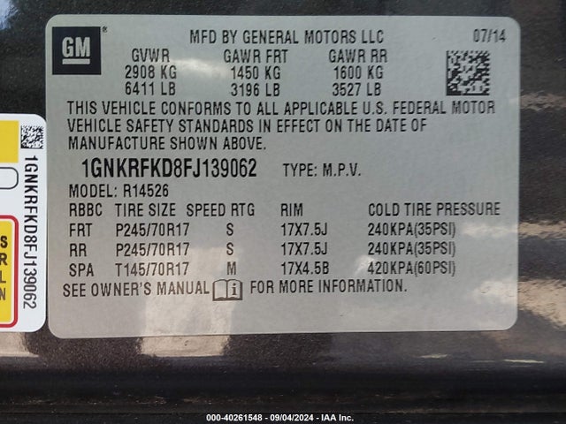 Chevrolet Traverse Ls 2015 1GNKRFKD8FJ139062 Image 9