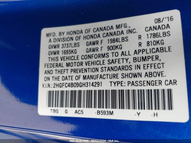 2HGFC4B09GH314291 Honda Civic Lx-p