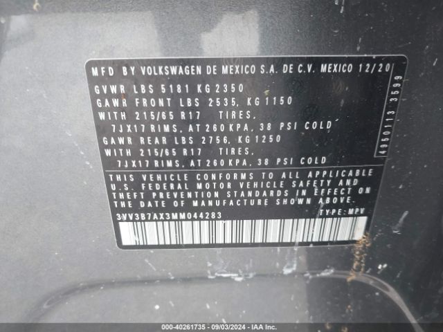 3VV3B7AX3MM044283 Volkswagen Tiguan 2.0t Se/2.0t Se R-line Black/2.0t Sel