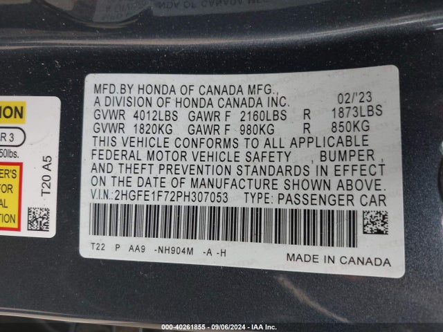 Honda Civic Ex /ex W/o Bsi 2023 2HGFE1F72PH307053 Image 9