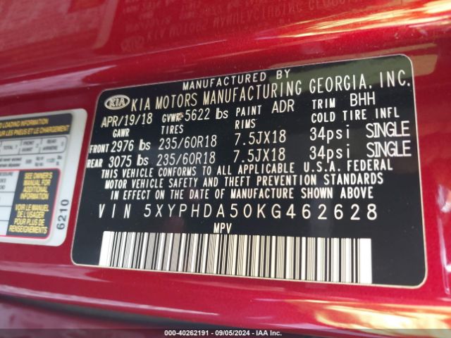 5XYPHDA50KG462628 KIA Sorento 3.3l Ex