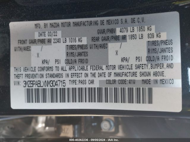 3MZBPABLXNM304715 Mazda Mazda3 Select