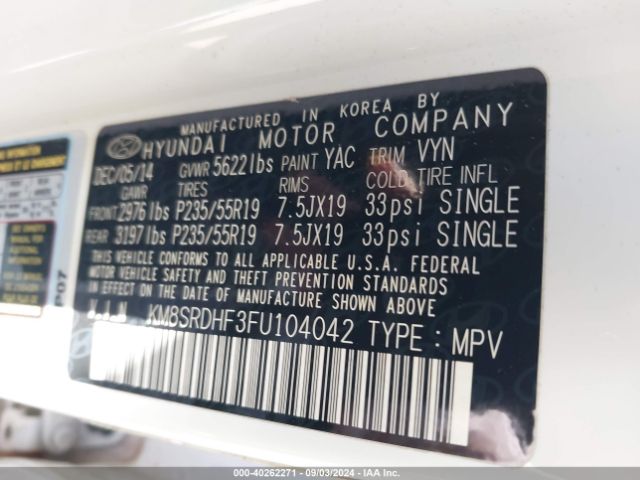 KM8SRDHF3FU104042 Hyundai Santa Fe Limited
