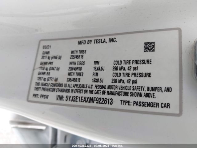 5YJ3E1EAXMF922613 Tesla Model 3 Standard Range Plus Rear-wheel Drive